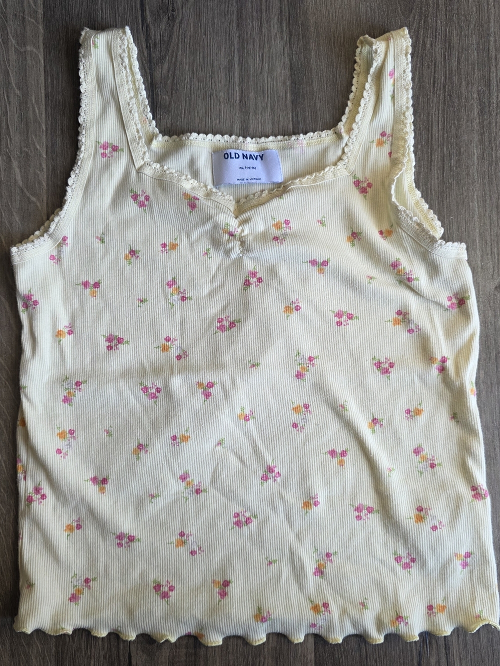 Old Navy Cream Floral Ribbed Tank Top with Pink & Orange Blossoms